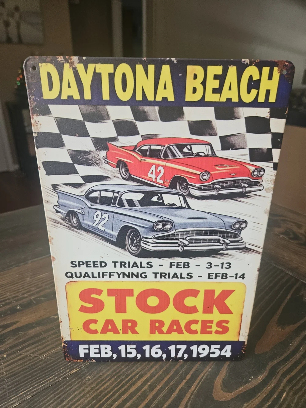 Daytona Beach Vintage Stock Car Races Tin Sign - Red & Light Blue